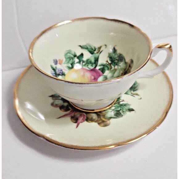 Royal Grafton England Fine Bone China Cup & Saucer Set Apples & Grapes 1930's - Picture 2 of 13